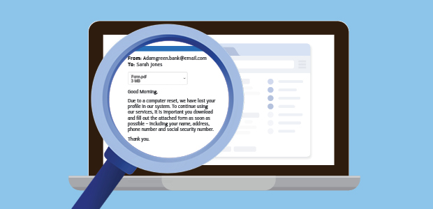 A computer screen with a magnifying glass increasing the size of the font shown in an email communication from a scammer