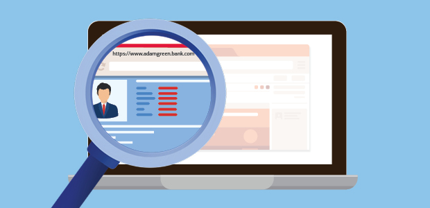 A computer screen with a magnifying glass increasing the size of a person’s photo posing as a financial advisor on a fake website