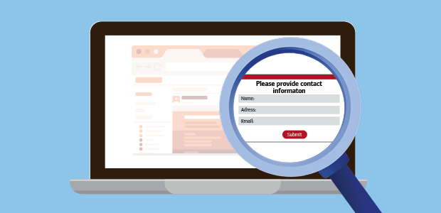 A computer screen with a magnifying glass increasing the size of a contact form provided on a fake website