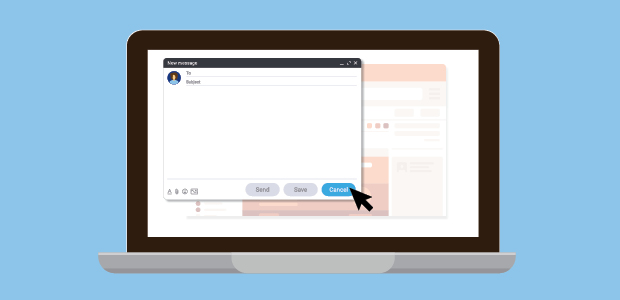 A computer screen with a blank email being composed and the arrow points to the ‘cancel’ button